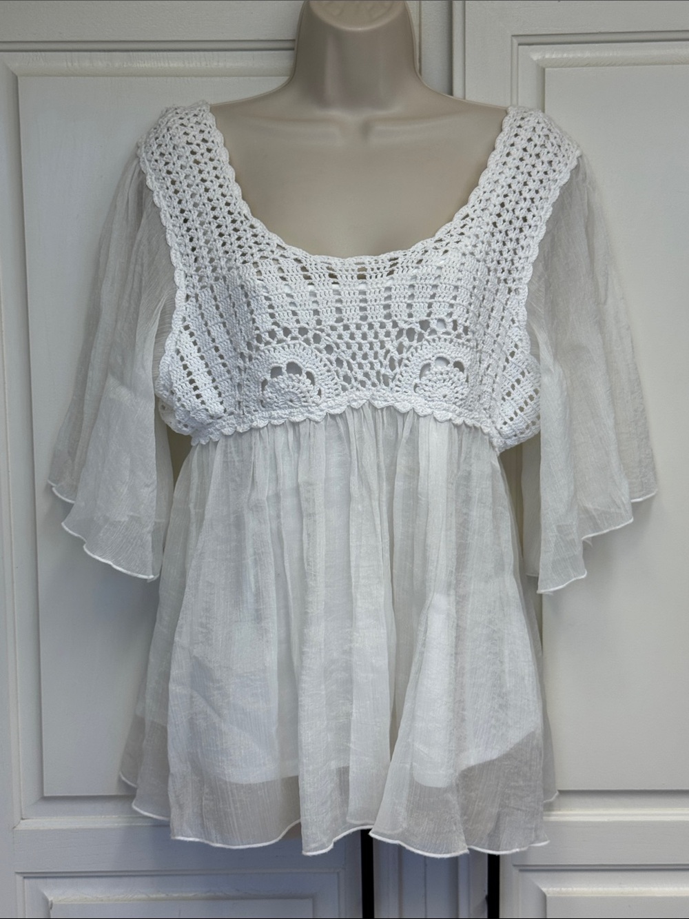 White Crochet Yoke Peasant Top - Women by Adiva